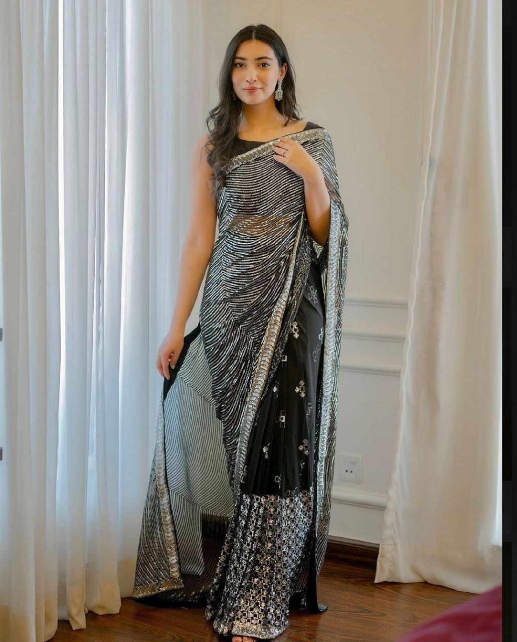Black Color Georgette Embroidered Party Wear Saree