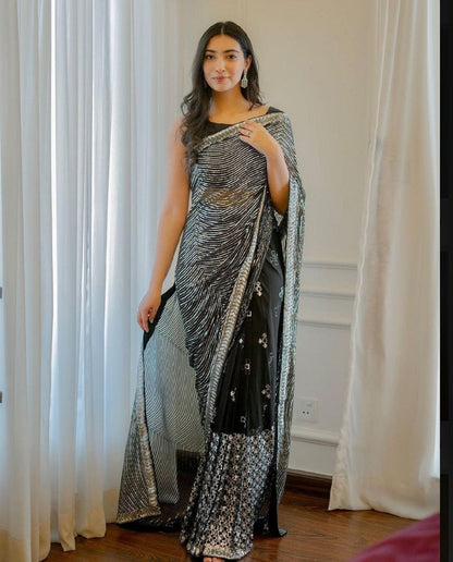 Black Color Georgette Embroidered Party Wear Saree