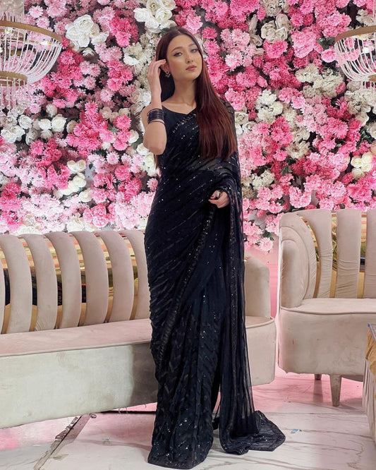 Beautiful Black Georgette Sequence Work Saree Blouse For Women