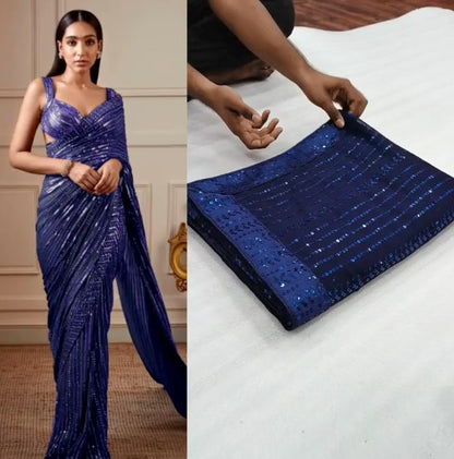 Rust Color Georgette Sequence Work Designer Saree with Blouse