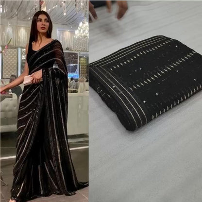 Lovely Black Georgette Sequence Work Stylish Designer Saree
