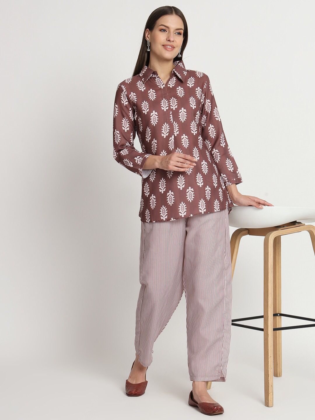 Brown Cotton Printed Ready to Wear Cord Set For Any Girls Wear