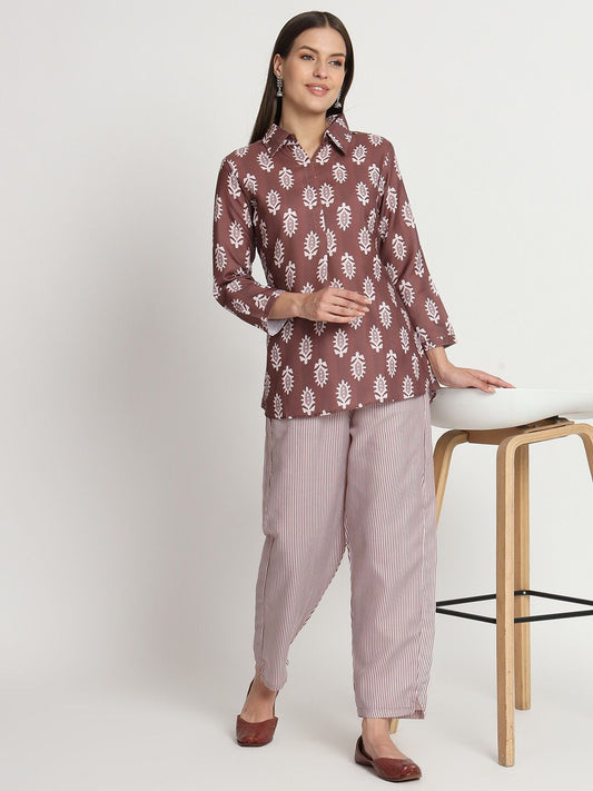 Brown Cotton Printed Ready to Wear Cord Set For Any Girls Wear