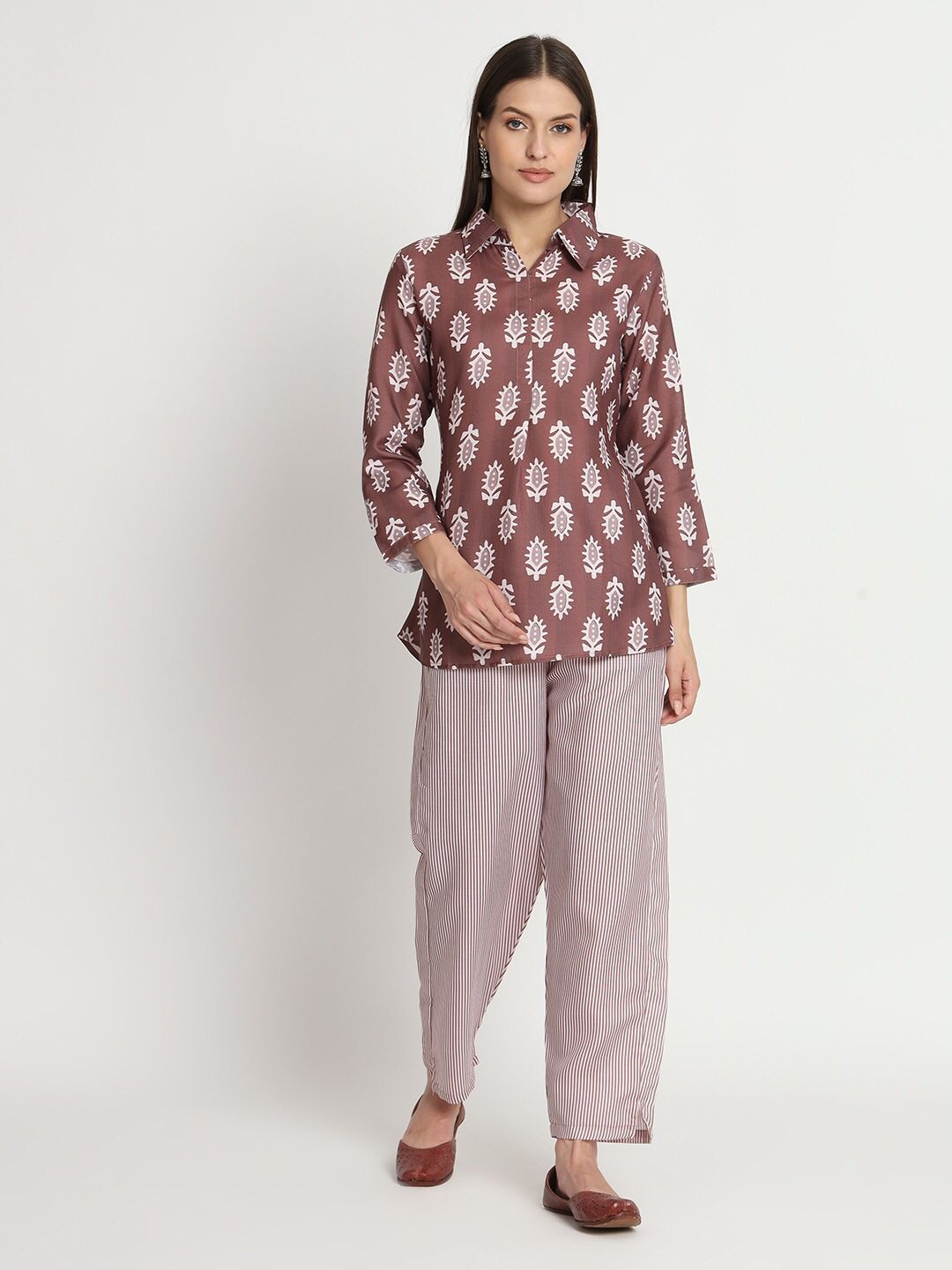 Brown Cotton Printed Ready to Wear Cord Set For Any Girls Wear