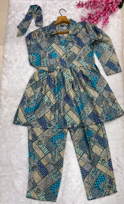 Party Wear Cotton Printed Full Stitched Cord Set For Girls