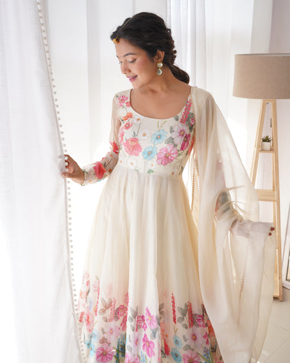 Ivory Soft Organza Silk Printed Anarkali Gown Set Pant Dupatta