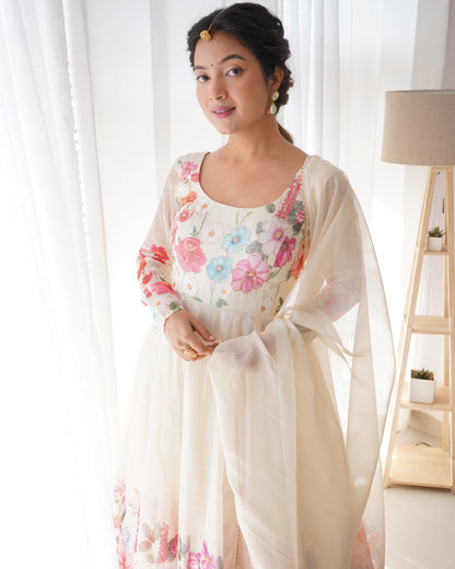 Ivory Soft Organza Silk Printed Anarkali Gown Set Pant Dupatta