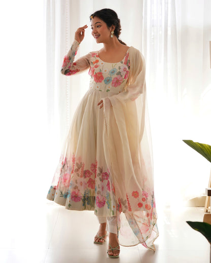 Ivory Soft Organza Silk Printed Anarkali Gown Set Pant Dupatta