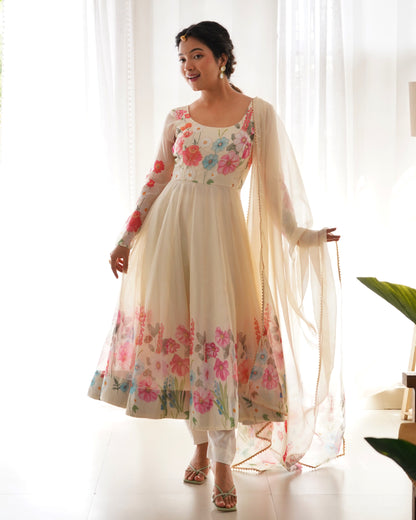 Ivory Soft Organza Silk Printed Anarkali Gown Set Pant Dupatta