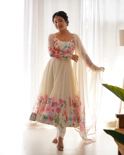 Ivory Soft Organza Silk Printed Anarkali Gown Set Pant Dupatta