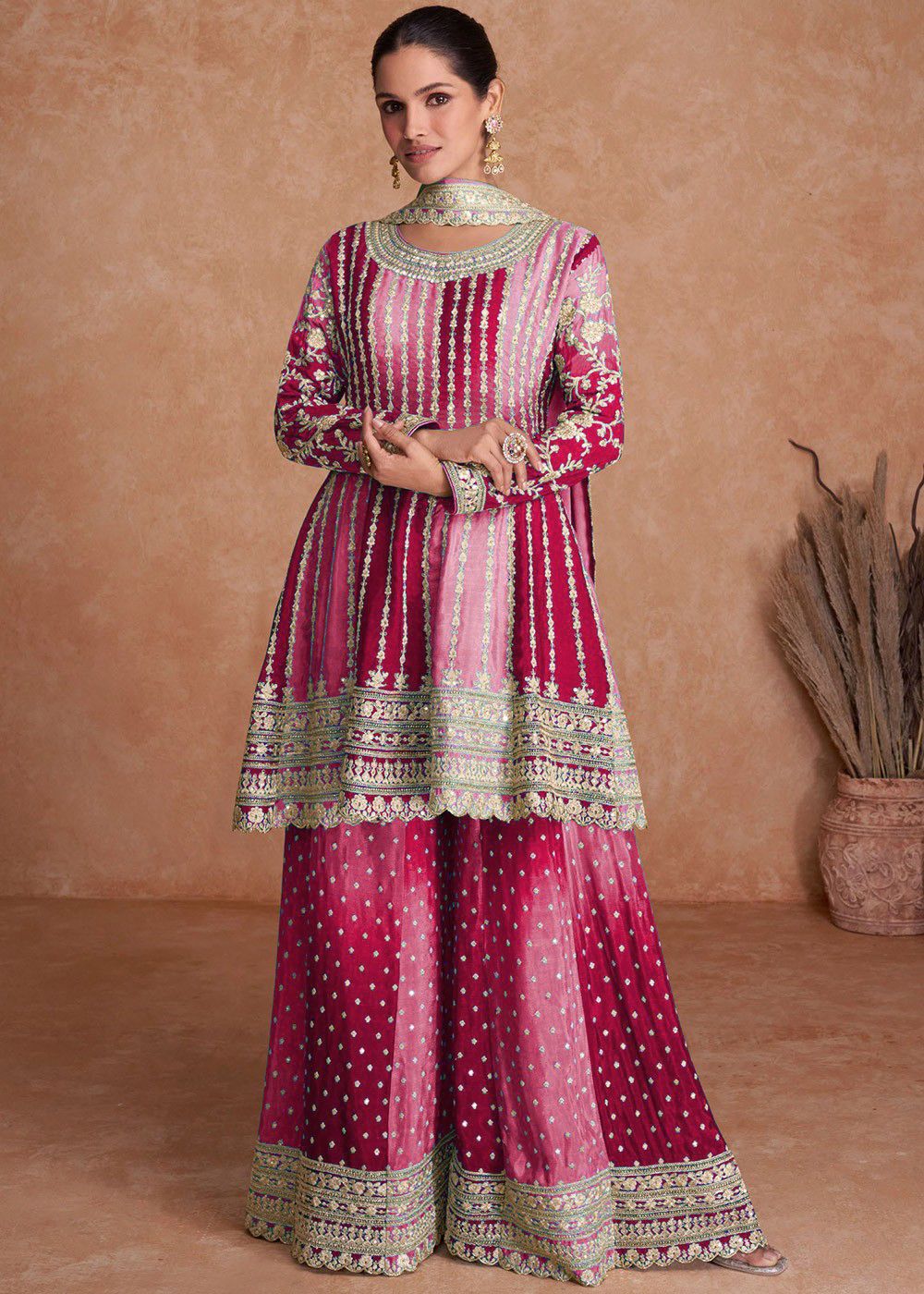 Appealing Dual Color Silk Base Full Stitched Sharara Suit
