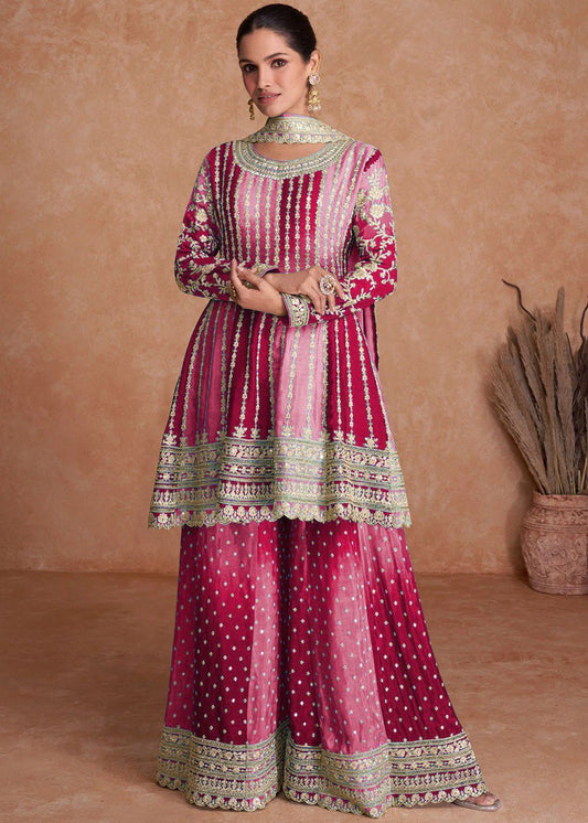 Appealing Dual Color Silk Base Full Stitched Sharara Suit