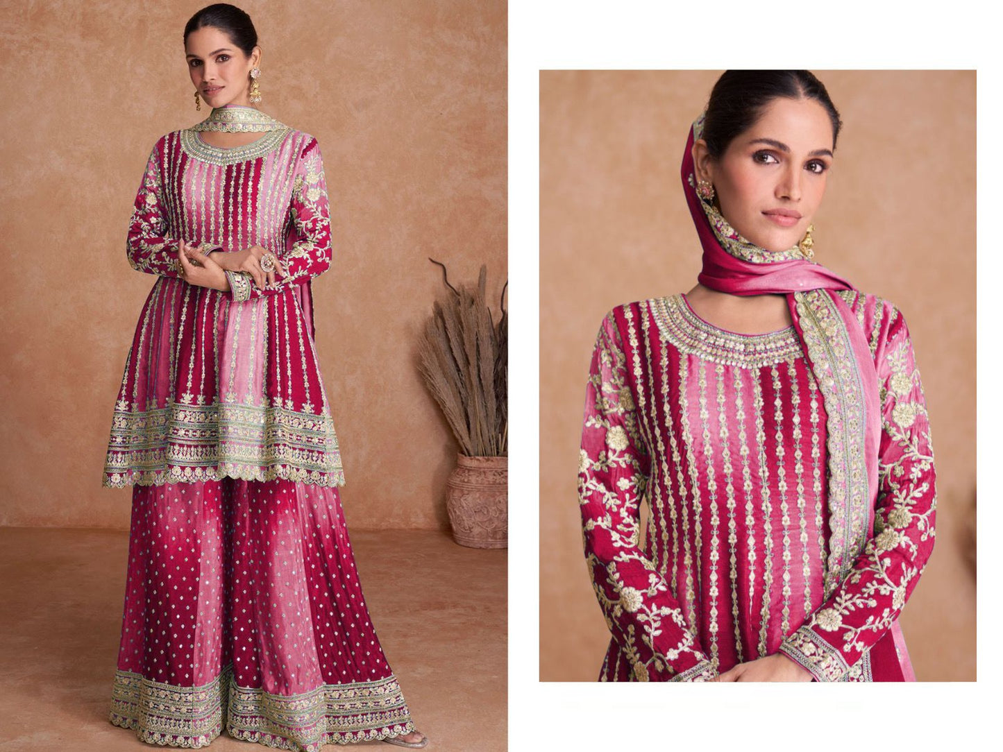 Appealing Dual Color Silk Base Full Stitched Sharara Suit
