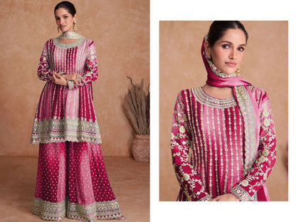Appealing Dual Color Silk Base Full Stitched Sharara Suit