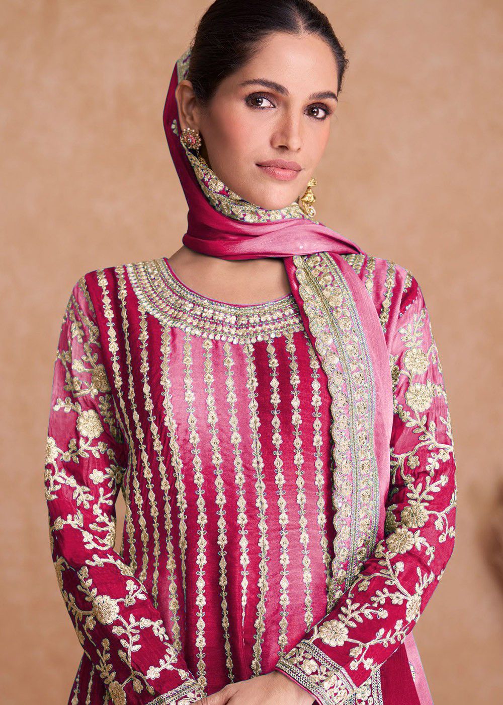 Appealing Dual Color Silk Base Full Stitched Sharara Suit