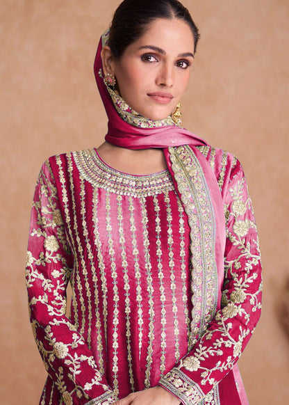 Appealing Dual Color Silk Base Full Stitched Sharara Suit