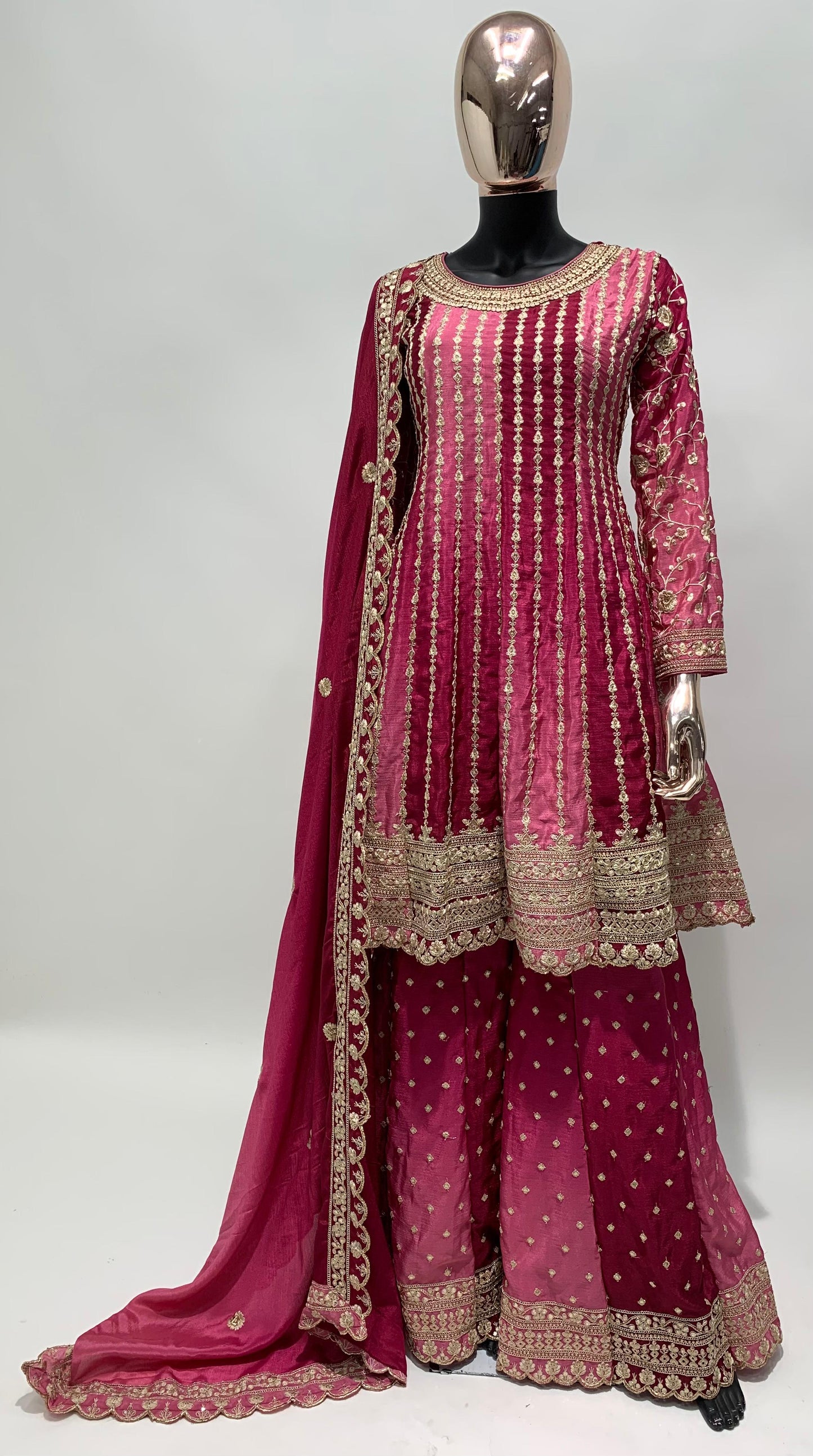 Appealing Dual Color Silk Base Full Stitched Sharara Suit