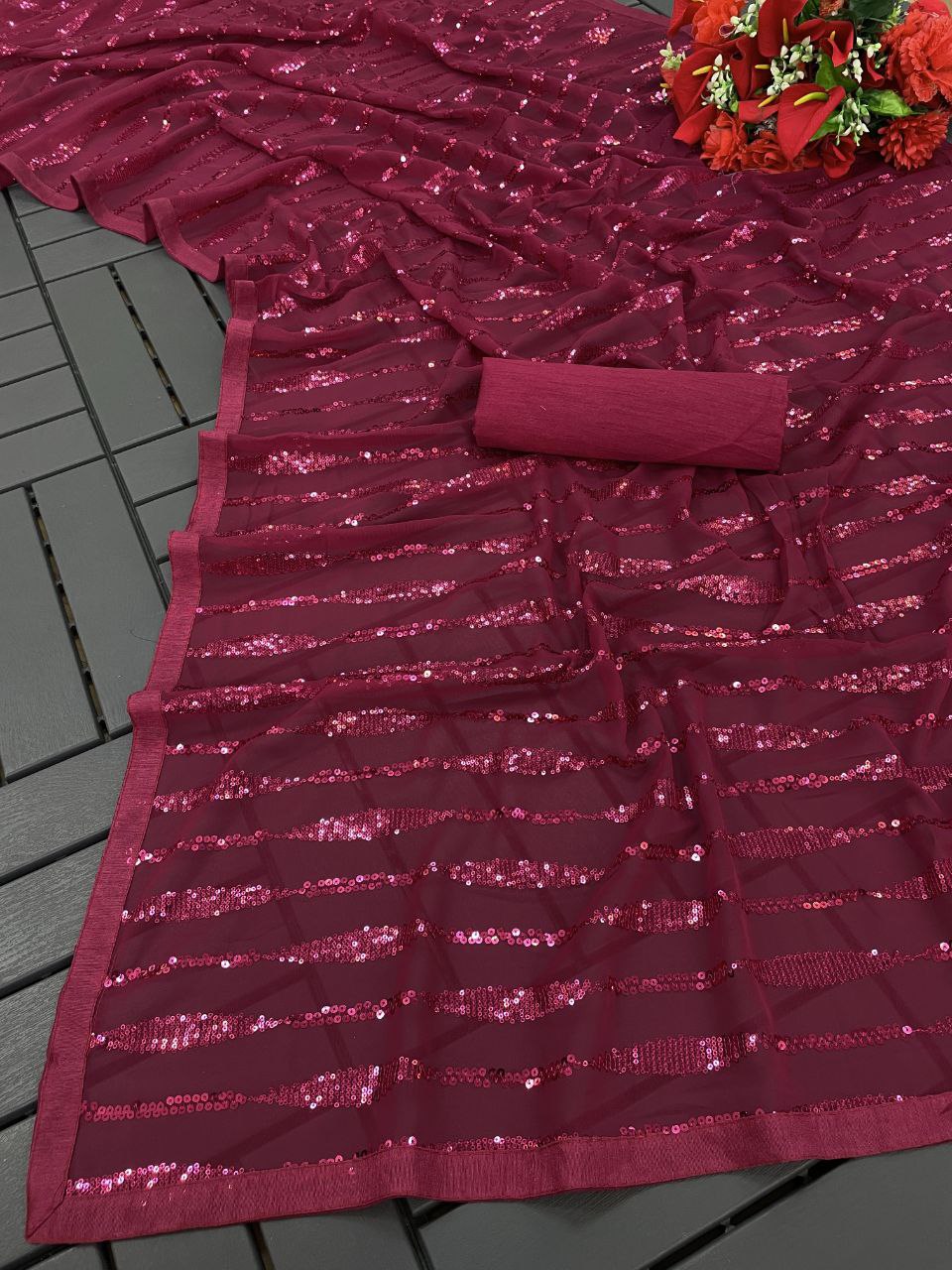 Party Wear Red Sequence Work Georgette Saree