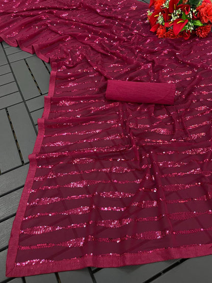 Party Wear Red Sequence Work Georgette Saree