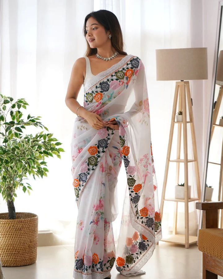 Party Wear Georgette White Color Thread Work Rich Saree