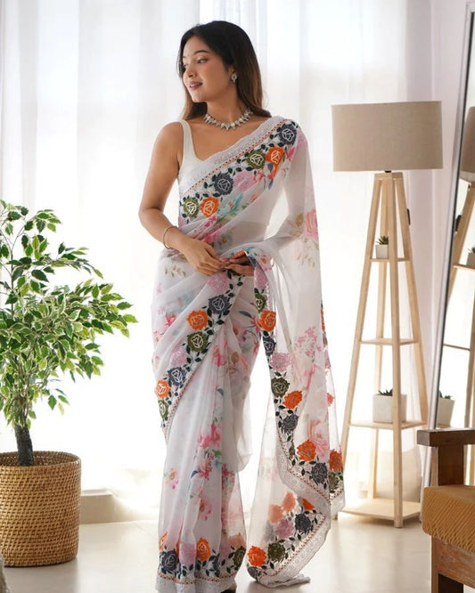 Party Wear Georgette White Color Thread Work Rich Saree