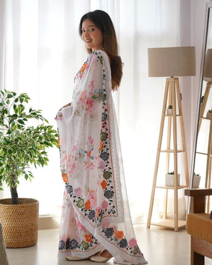 Party Wear Georgette White Color Thread Work Rich Saree