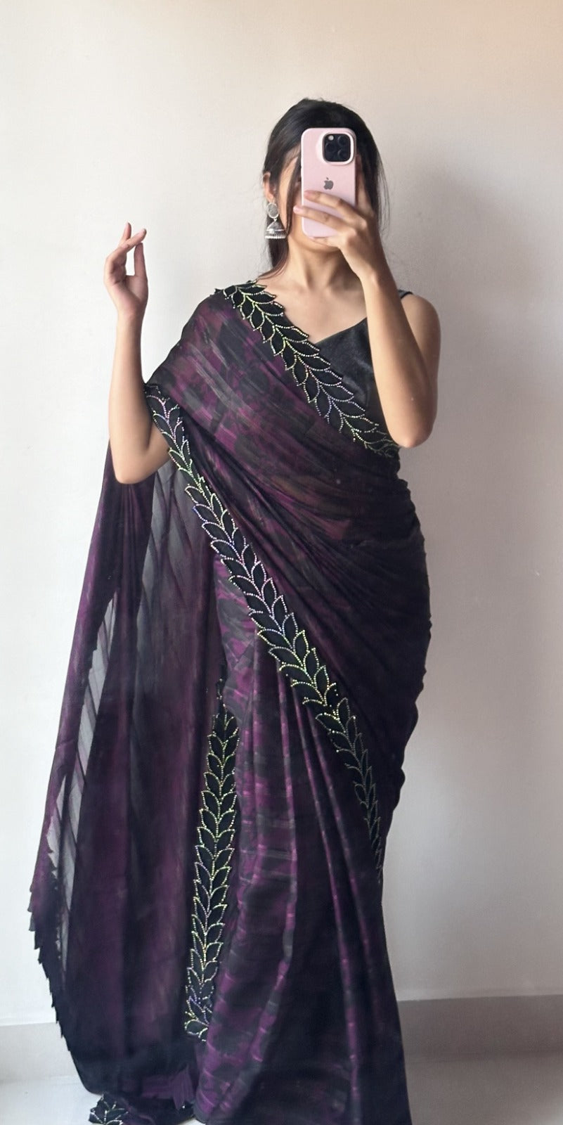 Lovely Moss Zari Chiffon Saree With Swarski Diamond Work Velvet Border