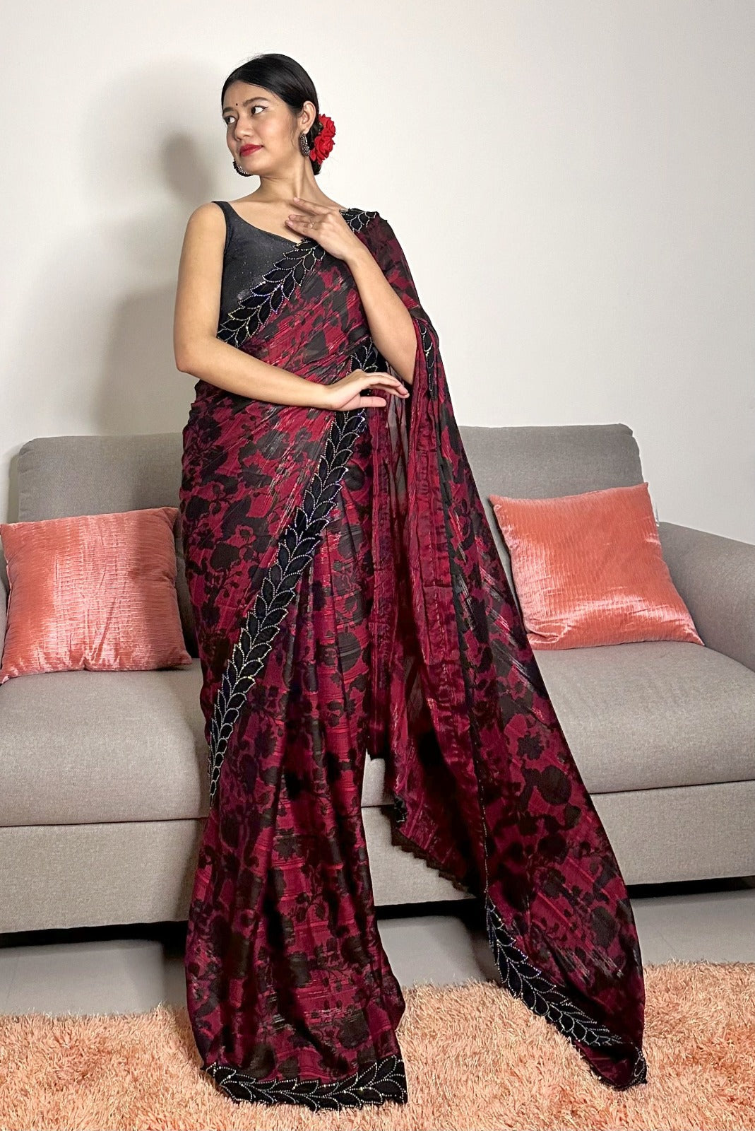 Lovely Moss Zari Chiffon Saree With Swarski Diamond Work Velvet Border