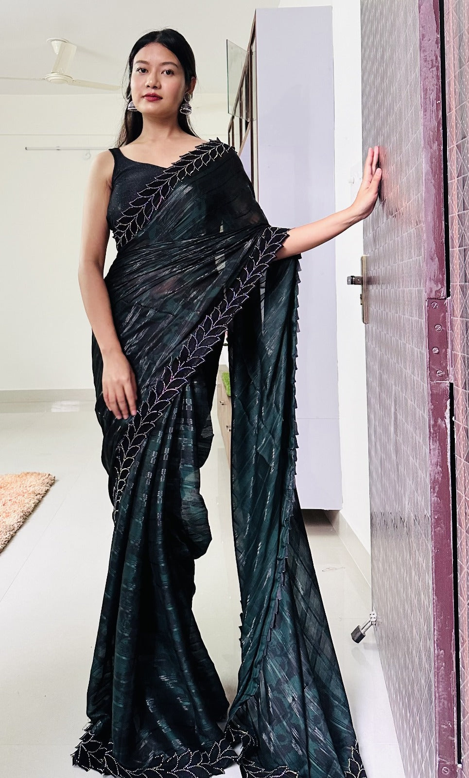 Lovely Moss Zari Chiffon Saree With Swarski Diamond Work Velvet Border