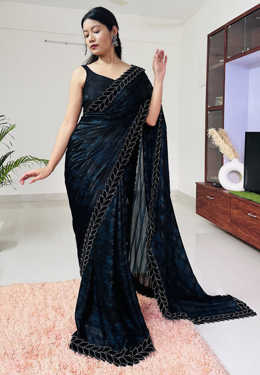 Lovely Moss Zari Chiffon Saree With Swarski Diamond Work Velvet Border