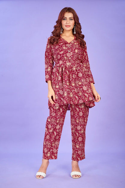 Maroon Cotton Printed Ready to Wear Cord Set For Any Girls Wear