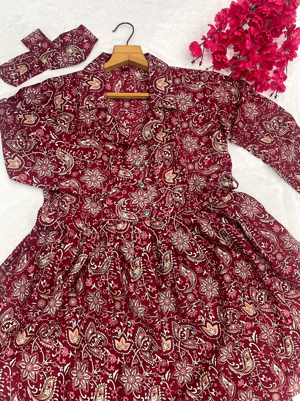 Maroon Cotton Printed Ready to Wear Cord Set For Any Girls Wear