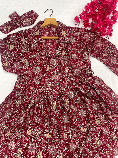 Maroon Cotton Printed Ready to Wear Cord Set For Any Girls Wear