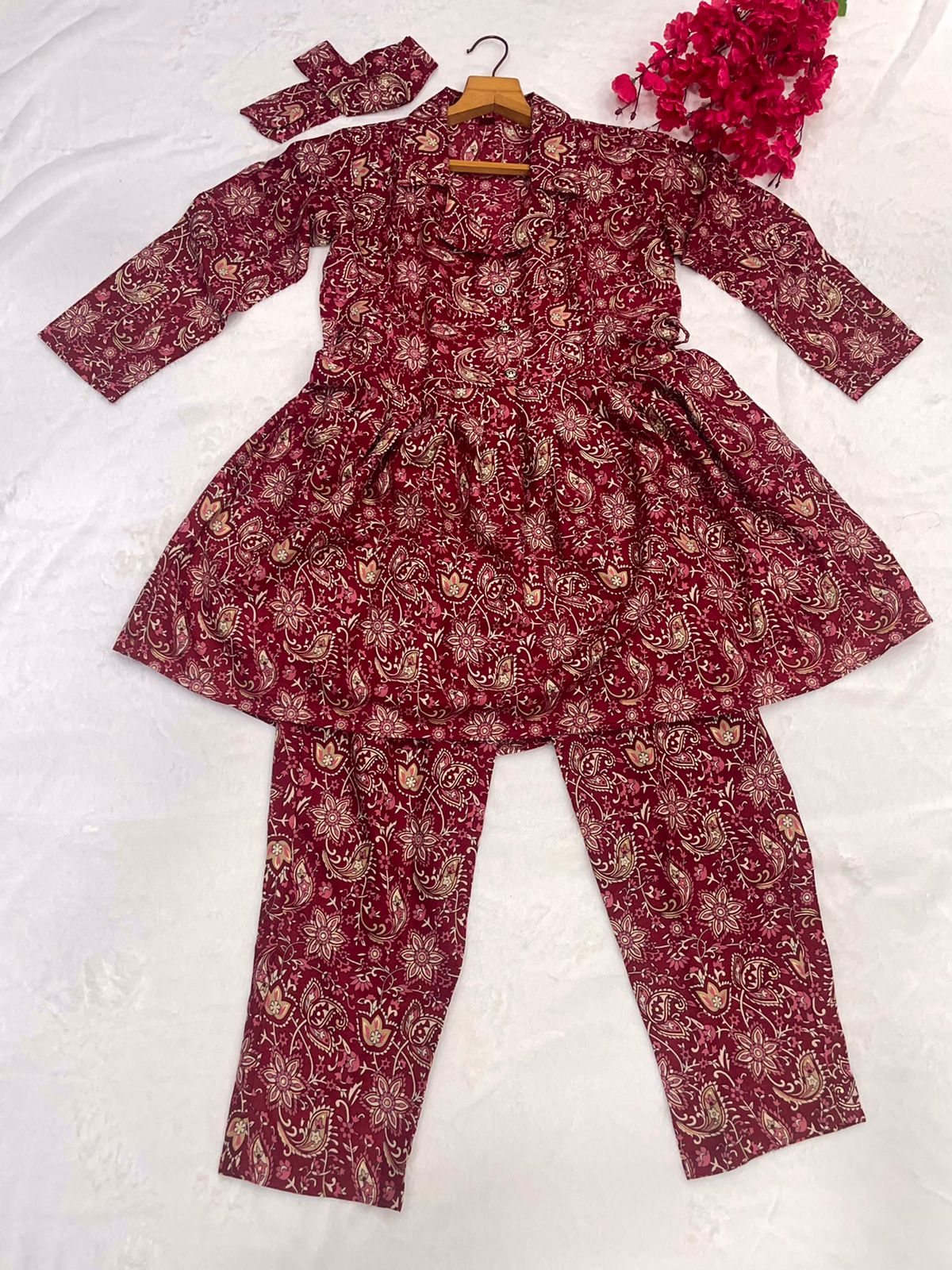 Maroon Cotton Printed Ready to Wear Cord Set For Any Girls Wear