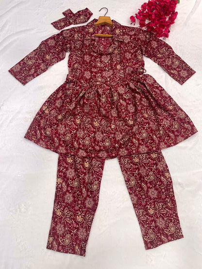Maroon Cotton Printed Ready to Wear Cord Set For Any Girls Wear