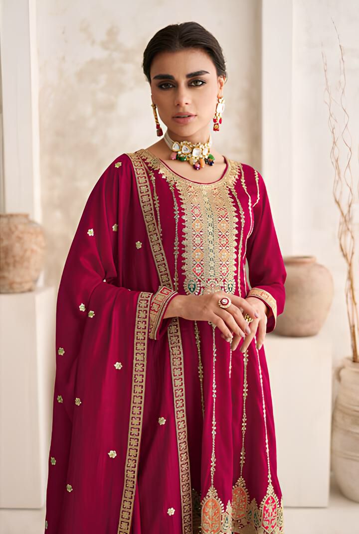 Party Wear Maroon Silk Full Stitched Suit