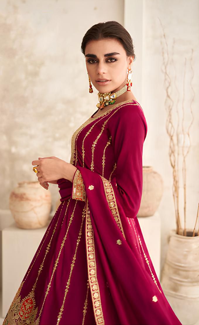 Party Wear Maroon Silk Full Stitched Suit