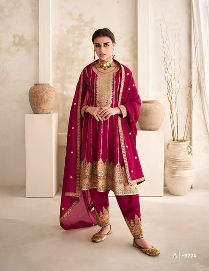 Party Wear Maroon Silk Full Stitched Suit
