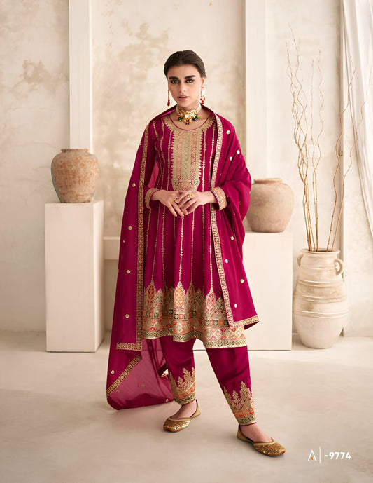 Party Wear Maroon Silk Full Stitched Suit