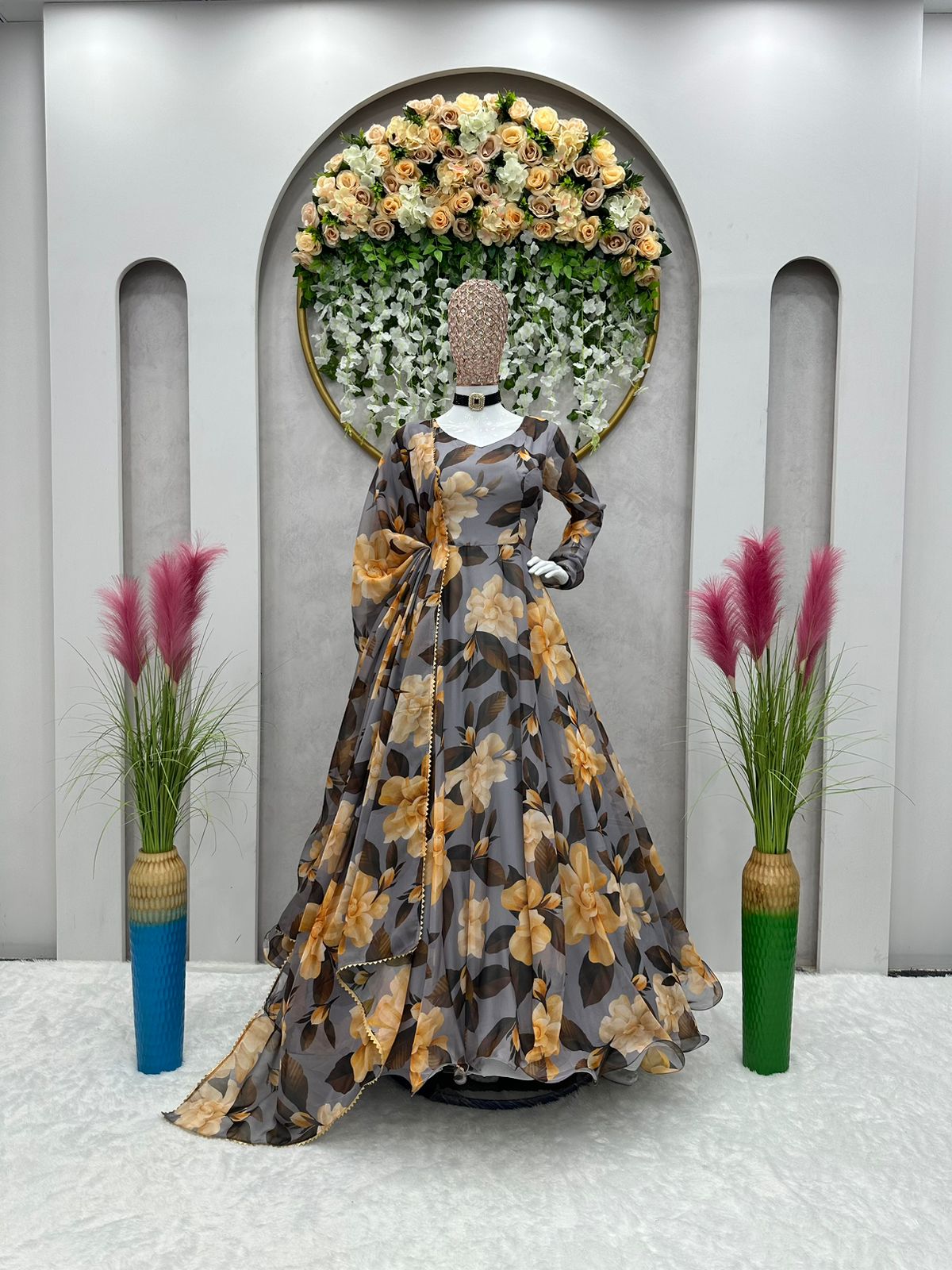 Amazing Tubby Silk Printed Full Stitched Anarkali Gown