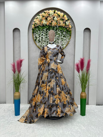 Amazing Tubby Silk Printed Full Stitched Anarkali Gown