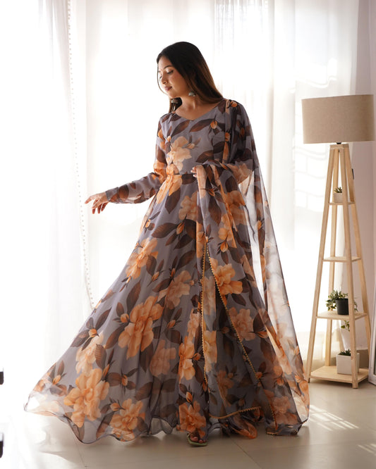 Amazing Tubby Silk Printed Full Stitched Anarkali Gown