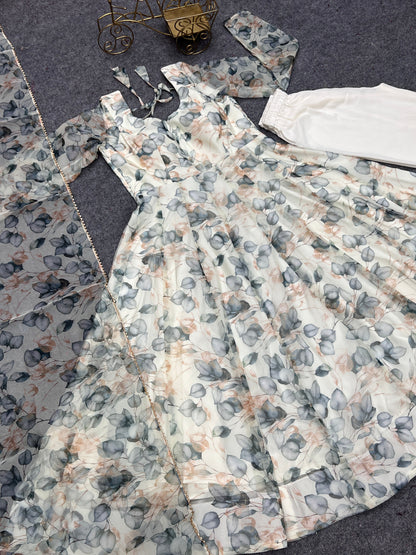 Amazing Readymade Organza Silk Floral Print Anarkali Gown Set