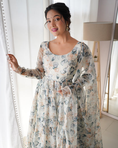 Amazing Readymade Organza Silk Floral Print Anarkali Gown Set