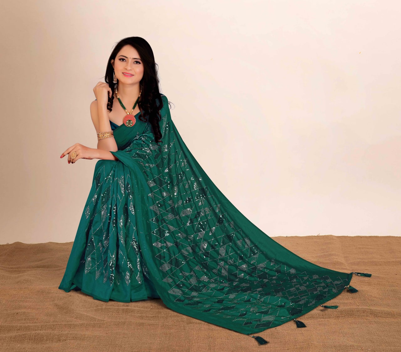 Wedding Wear Soft Silk Sequence Work Kaju Katali Motif Design Saree