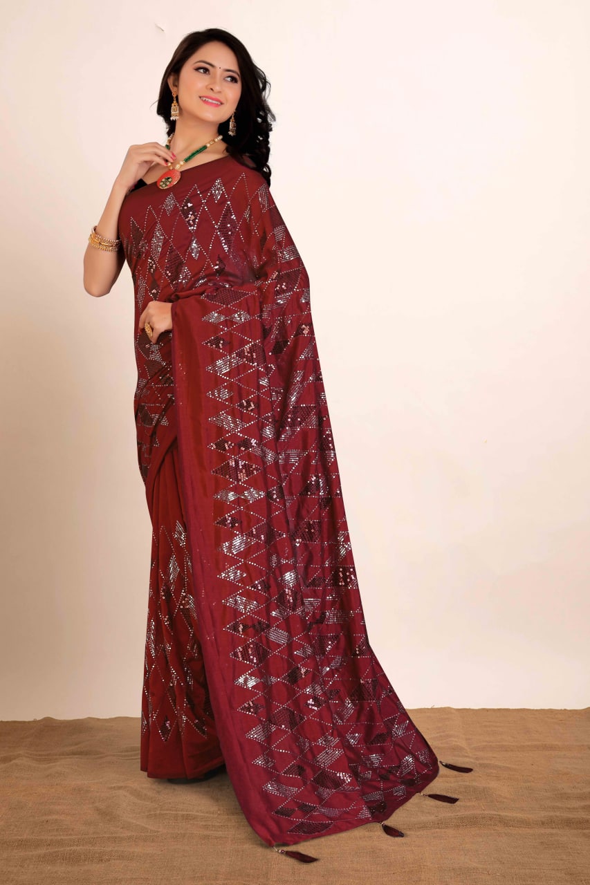 Wedding Wear Soft Silk Sequence Work Kaju Katali Motif Design Saree