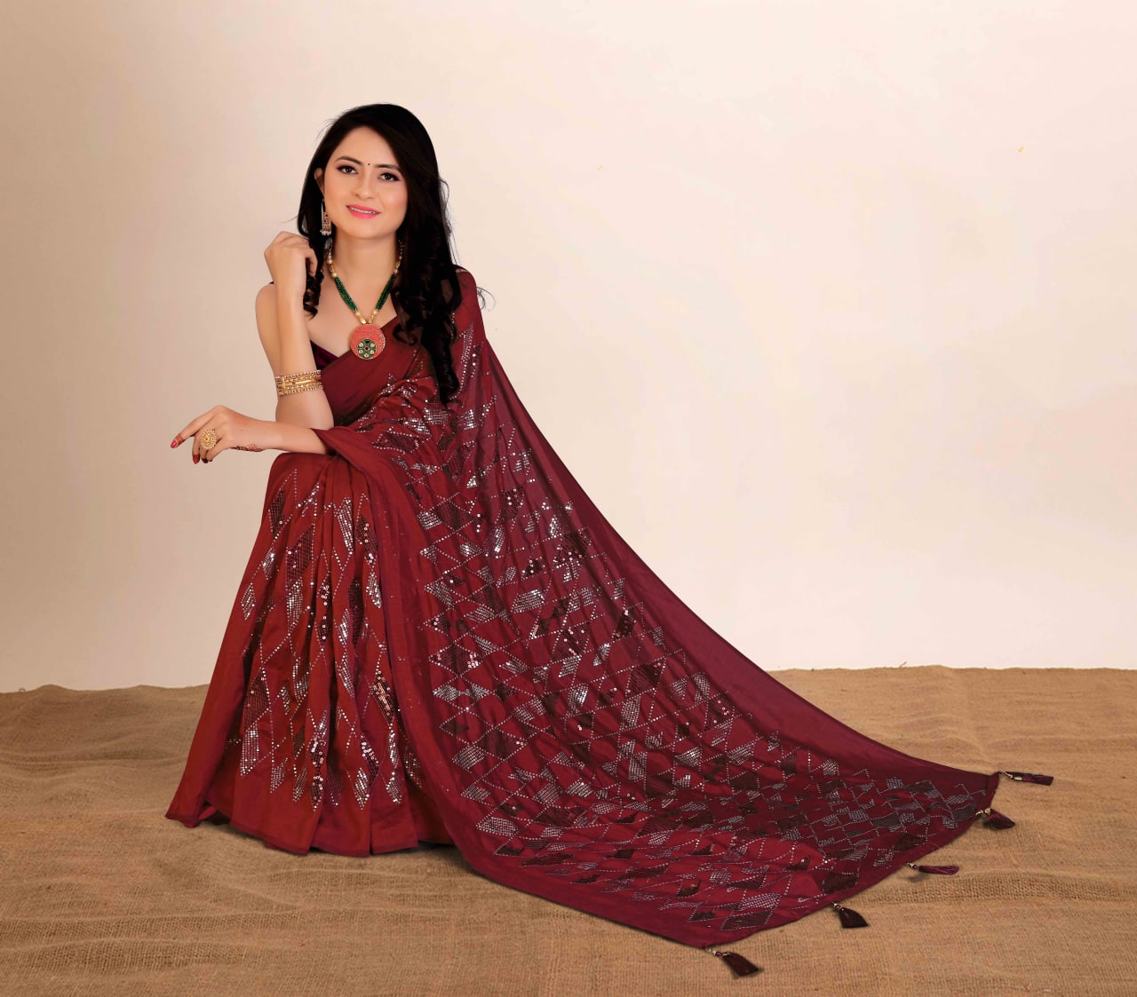 Wedding Wear Soft Silk Sequence Work Kaju Katali Motif Design Saree