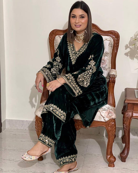 Velvet Embroidered Readymade Plazo Suit For Women