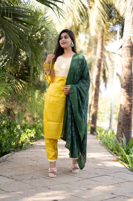 Yellow South Silk Fully Stitched Ethnic Set With Dupatta