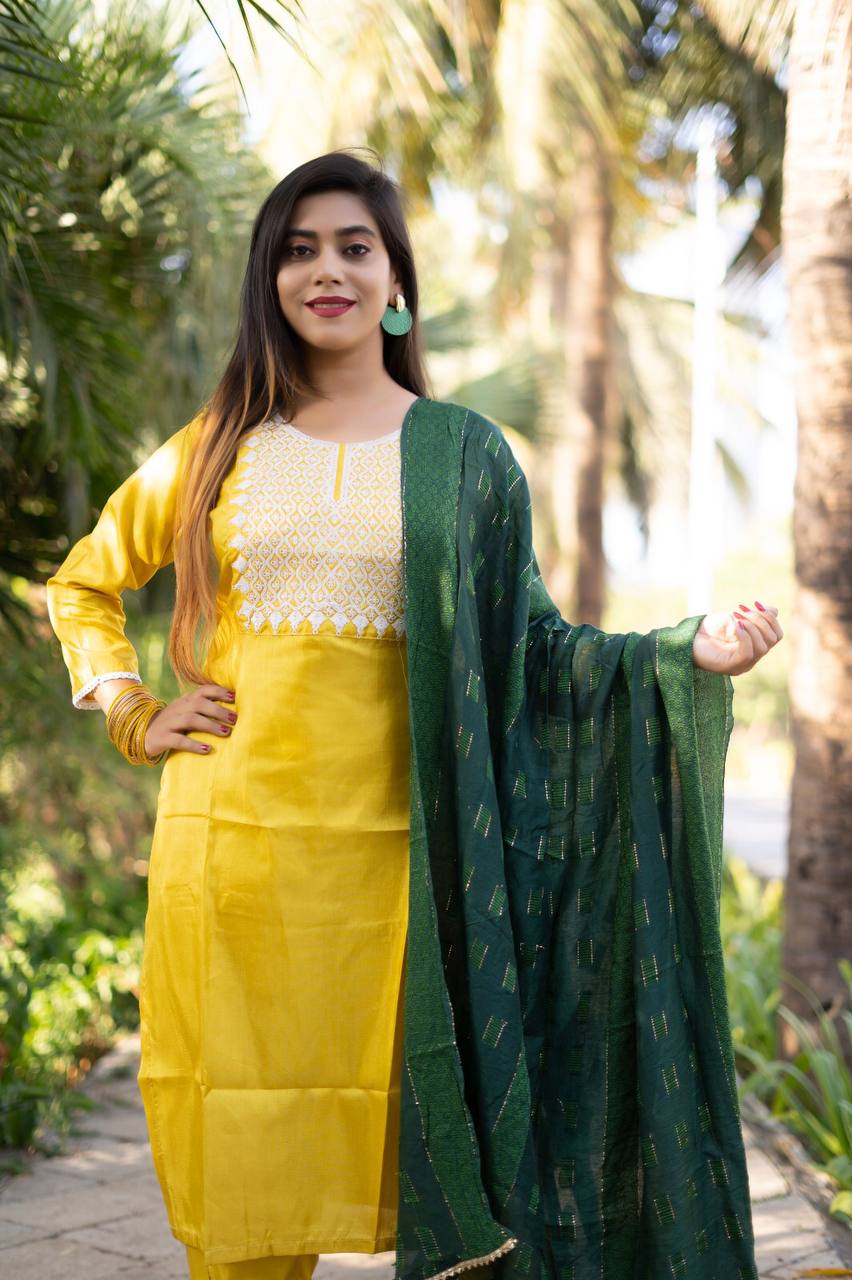 Yellow South Silk Fully Stitched Ethnic Set With Dupatta